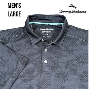 Tommy Bahama IslandZone Polo Shirt Men's Large Gray Pineapple Print Golf Casual